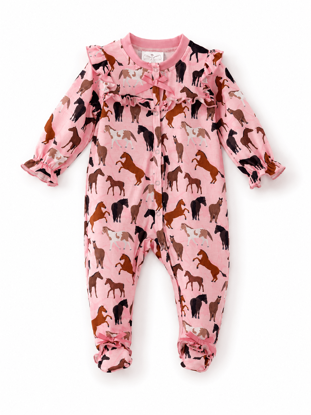 Girls Pink Horse Ruffle Footed Romper