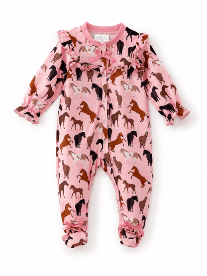 Girls Pink Horse Ruffle Footed Romper