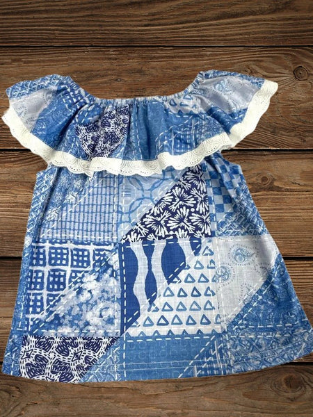 Little Denim Darling: Stylish Kids' Lace Top - Denim Print Children's Shirt