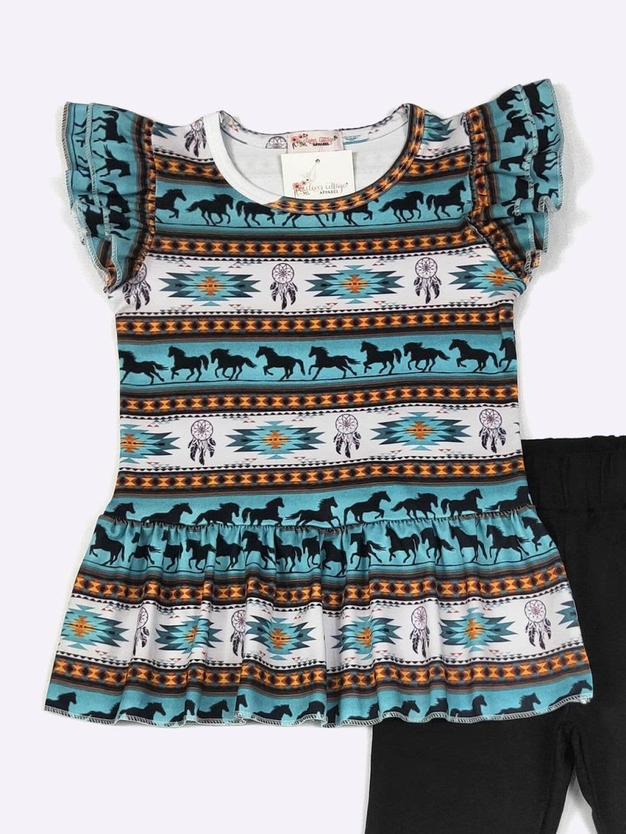 Wild Horses Boutique Western Outfit Set - Turquoise Aztec Tunic Top & Black Flare Pants