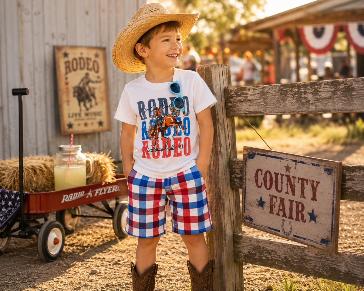 Boys' "Rodeo Star" Graphic Tee & Plaid Shorts Set - Kids Cowboy Clothing, Toddler Western Wear