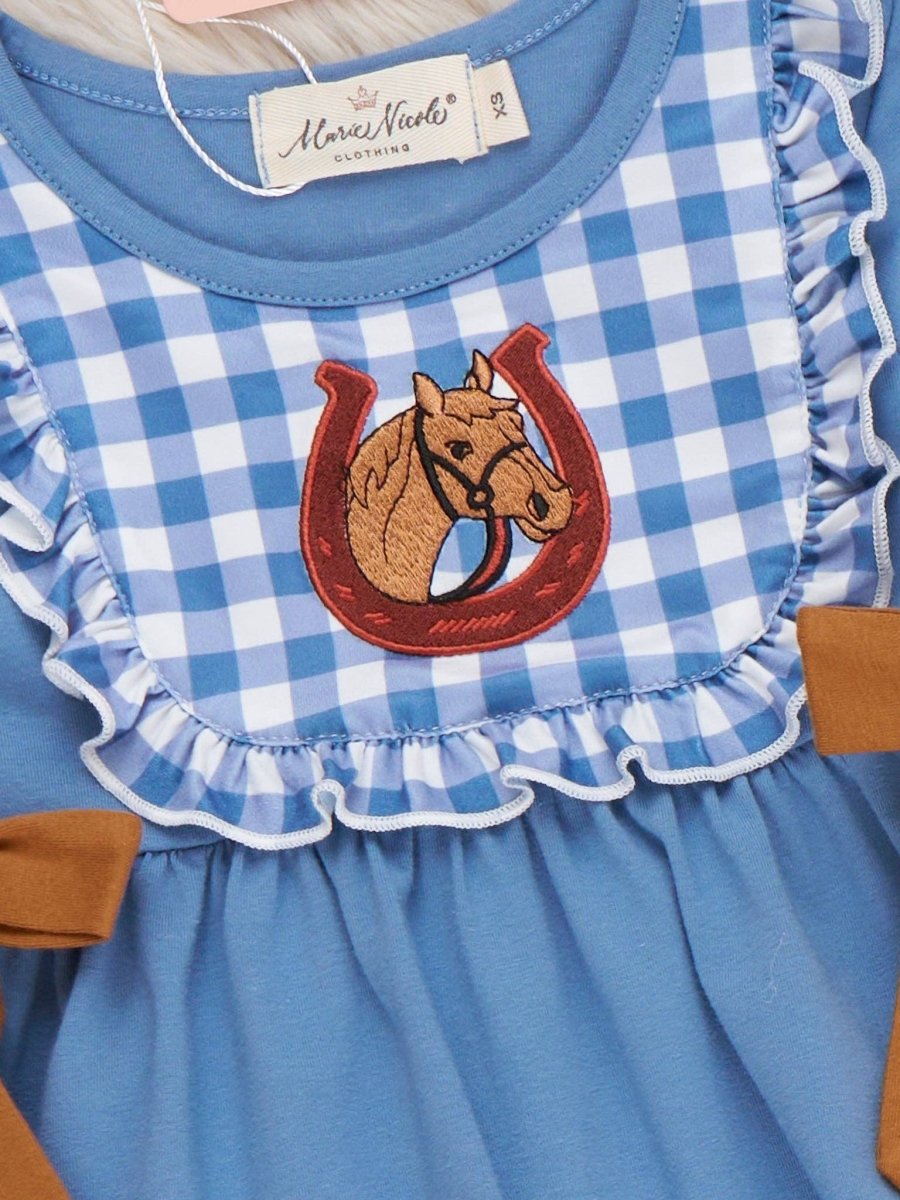 Blue checkered dress with horse and horseshoe design and Maria Nara label.