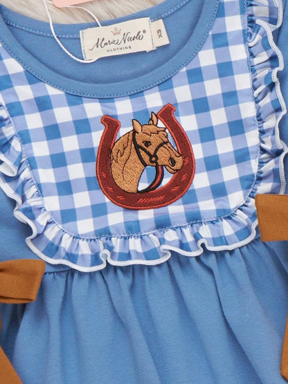 Blue checkered dress with horse and horseshoe design and Maria Nara label.