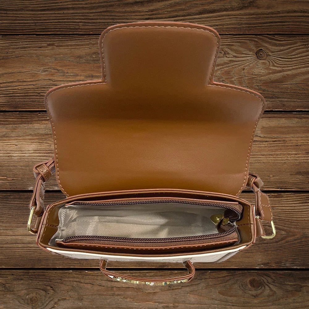 Inside view of brown and white vegan leather purse