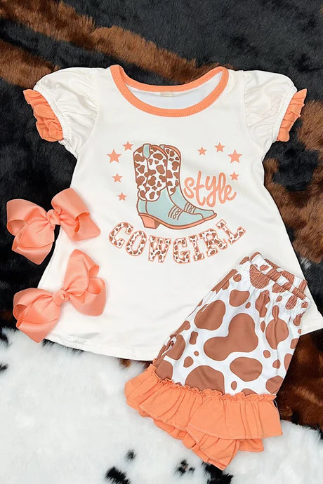 Little Cowgirl Style Set with Cow Print Shorts image 1