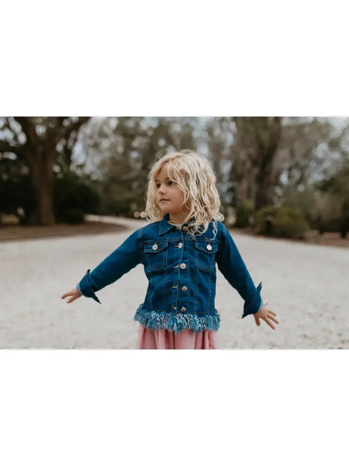 Girls Dark Denim Fringe Delight Jacket - Outerwear image 3