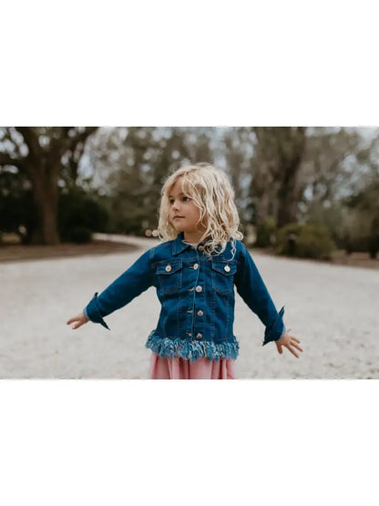 Girls Dark Denim Fringe Delight Jacket - Outerwear image 3