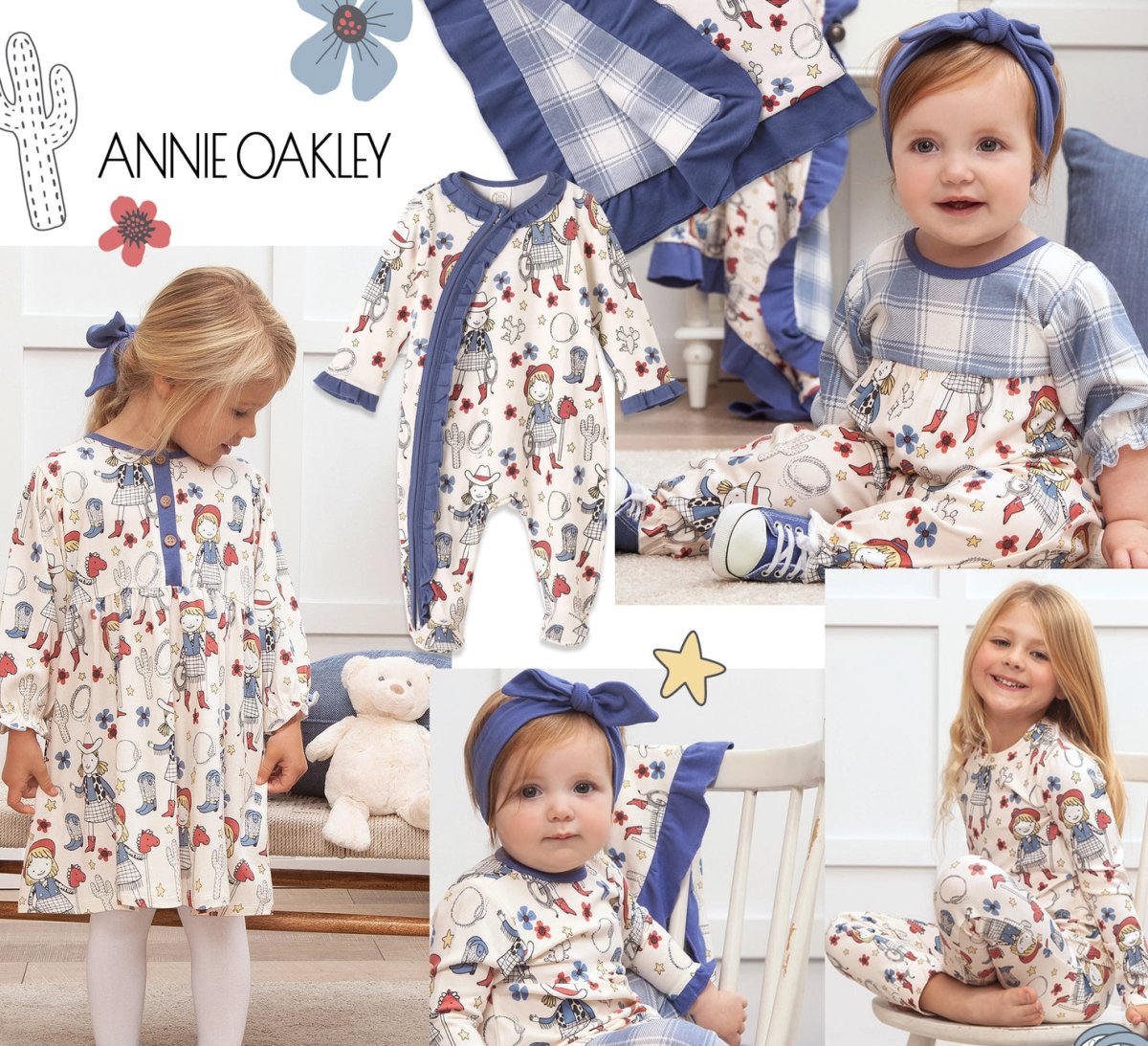 Siblings in Annie Oakley baby western rompers