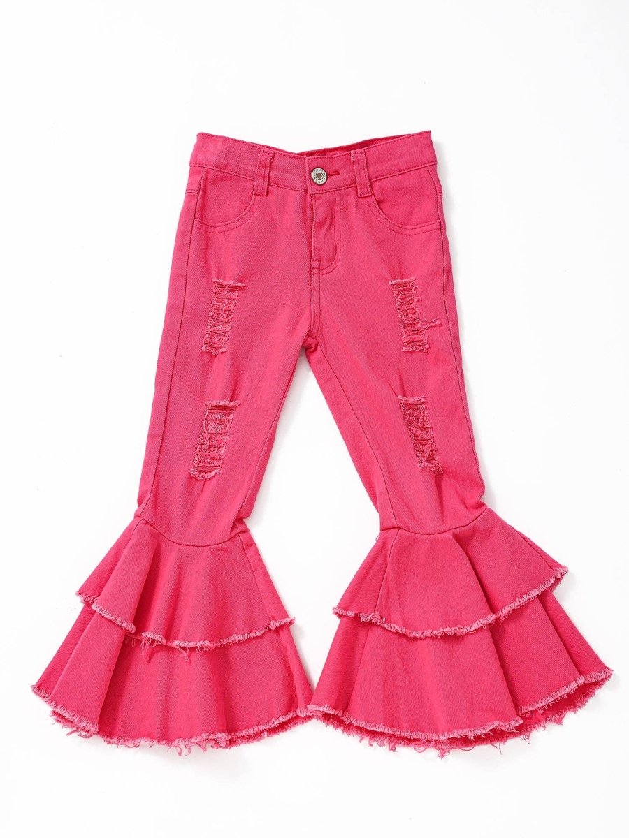 Hot Pink Double Ruffle Flare Jeans for Girls