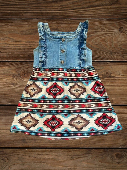 Flat lay of denim top and Aztec skirt western kids dress
