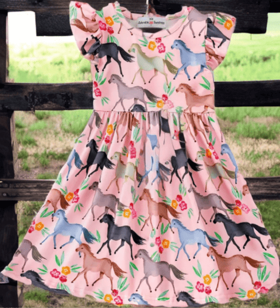 Western-Themed Kids Floral Pony Print Dress with Frilly Sleeves