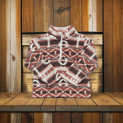 Folded Rust Brown Aztec print kids pullover, soft sherpa-lined western kids pullover for warm, stylish frontier wear.