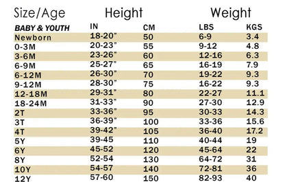 Size chart for Giddyup Bamboo Baby Outfit
