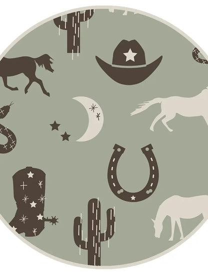 Close-up of bamboo cowboy print with boots and hats