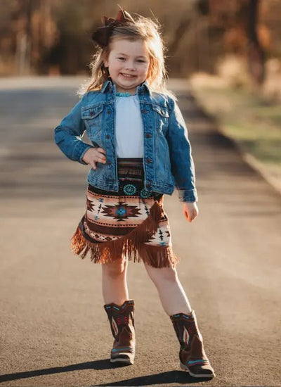 Trailblazer Brown Aztec Fringe Skirt - Western Style Kids Clothing, Girls Boho Fringe Skirt, Kids Aztec Print Skirt