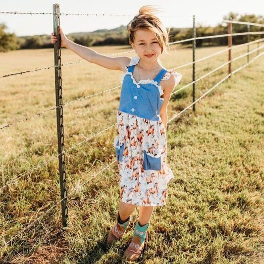 Western Horse Print Dress for Girls with Denim Accents