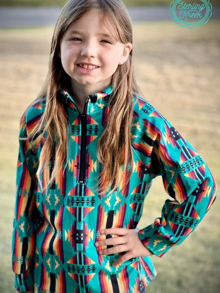 Lil' Wrangler Wonder: Kids Western Wear Mini Rugged Ranch Pullover - Trailblazing Teal Delight!