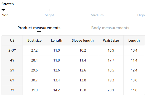 Size chart for cowgirl jacket and skirt outfit