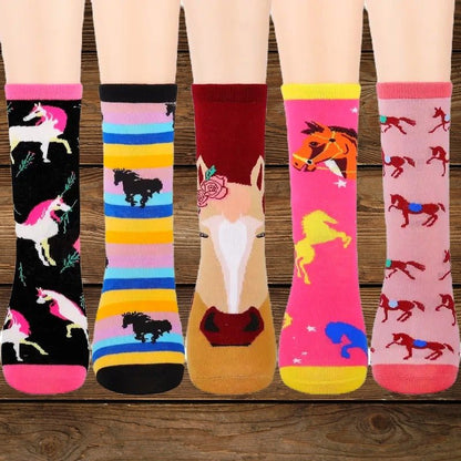 5 pairs of horse print western crew socks for girls