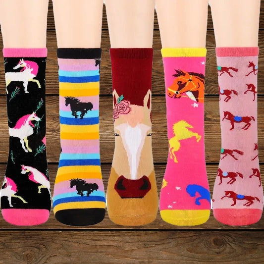 5 pairs of horse print western crew socks for girls