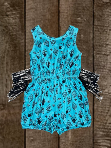 Turquoise Trails Cowgirl Romper for Girls - Kids Western Summer Outfit