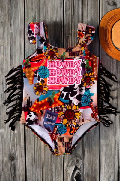 Little Rodeo Western Print Fringe Swimsuit for Girls