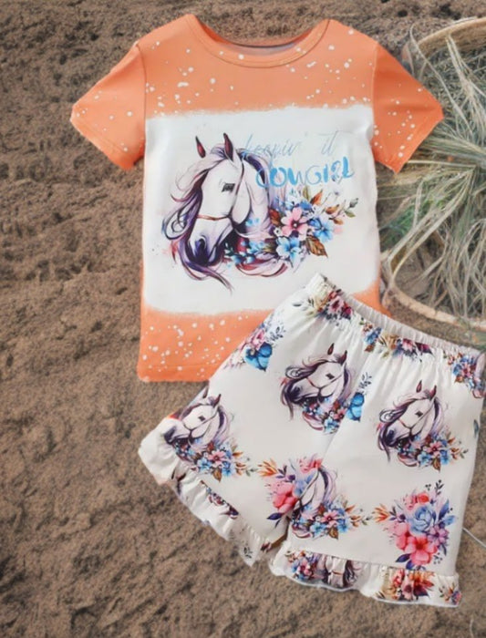 Girls western horse print shirt and floral frill shorts summer outfit