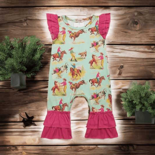 Girls western romper with vintage rodeo print and pink ruffle sleeves and legs.