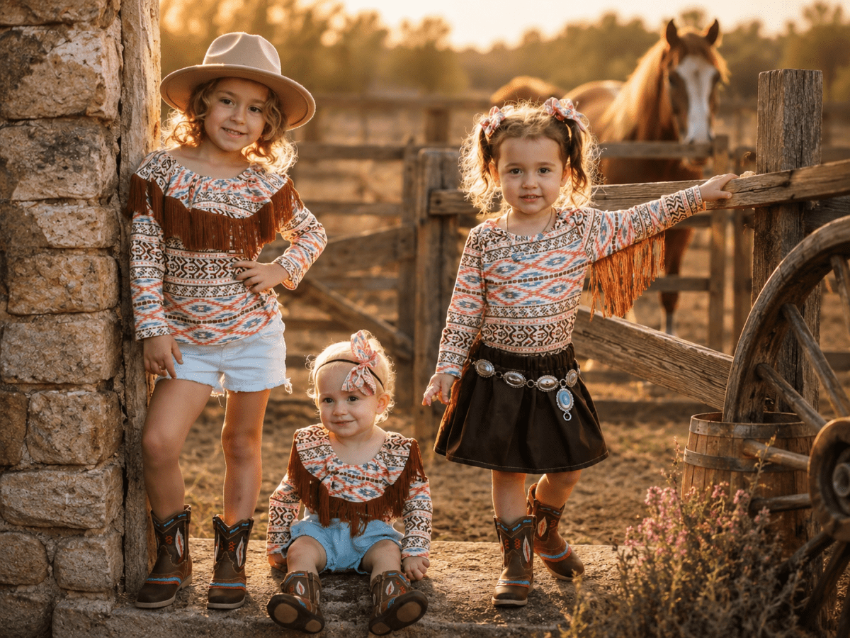Three young girls in matching western-style fringe tops and boots pose outdoors beside a rustic stone wall and wooden fence, with a horse visible in the background at sunset.