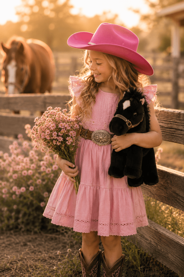 A young girl wearing a pink cowboy hat and a pink tiered dress stands by a wooden fence holding a bouquet of pink flowers and a black plush toy horse, with a horse and a rustic barn visible in the warm golden background.
