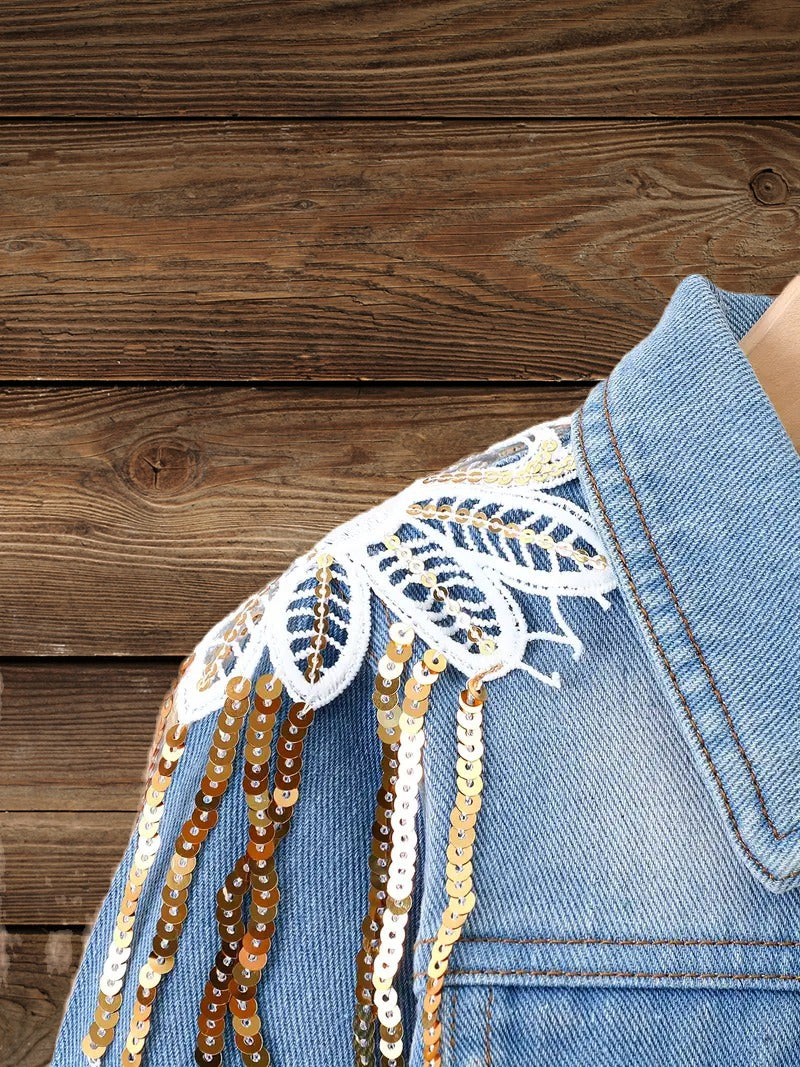 Close-up of shoulder detail on Glitter & Glamour Girls' Sequin Tassel Denim Jacket showing sequin and lace applique.