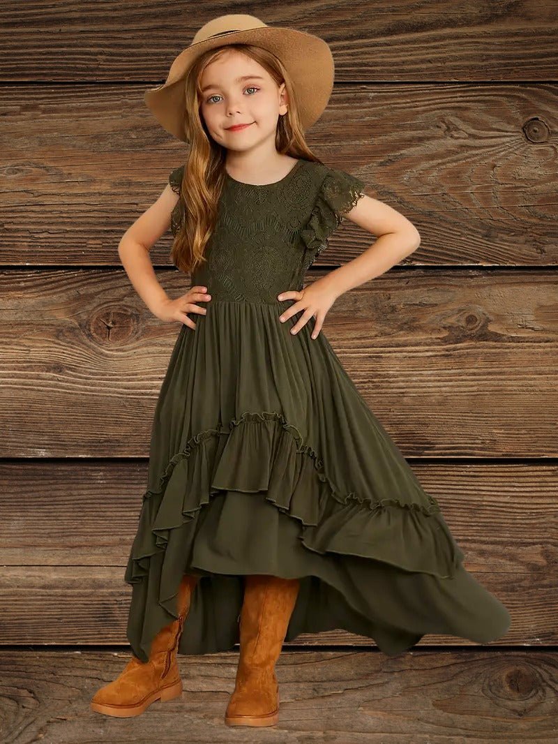 Girls Western Ruffle High-Low Dress with Lace Bodice Yeehaw Style 8Y / Green Girls Western Ruffle High-Low Dress with Lace Bodice Yeehaw Style 8Y / Green
