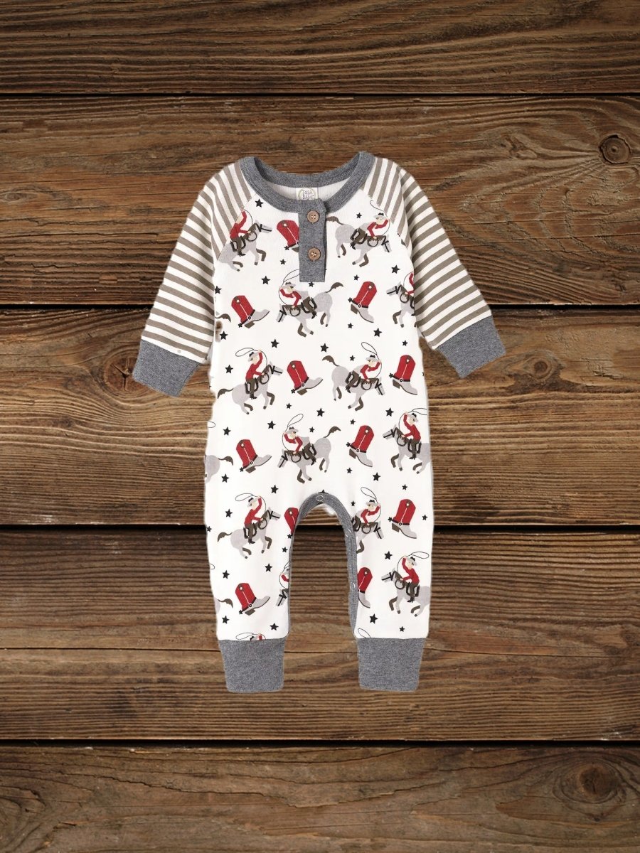 Henley bamboo romper laid flat with full western print