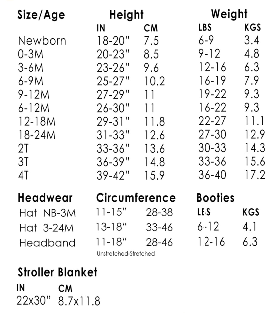 Size chart for cowboy henley bamboo romper