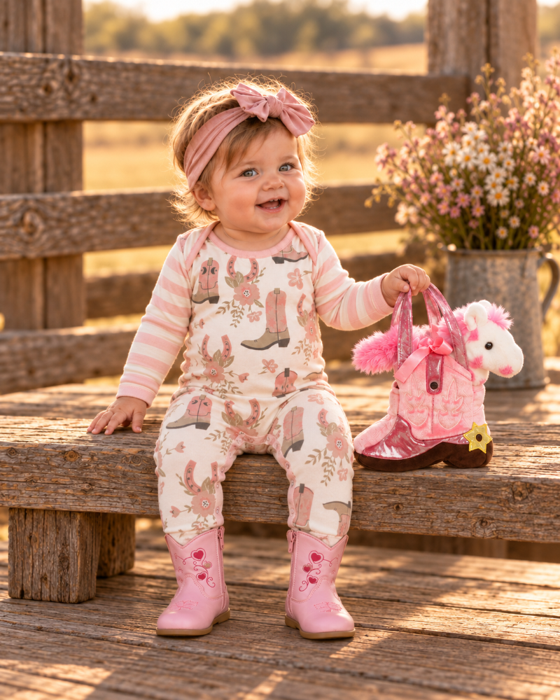 Young baby seated on a rustic bench in a cream and pink cowgirl boot print cotton romper, with full-length legs tucked into Pink Heart baby boots and a pink Giddyup boot purse with plush pony beside her.