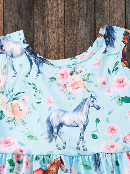 Close-up of horse and flower print on western sleeveless girls dress