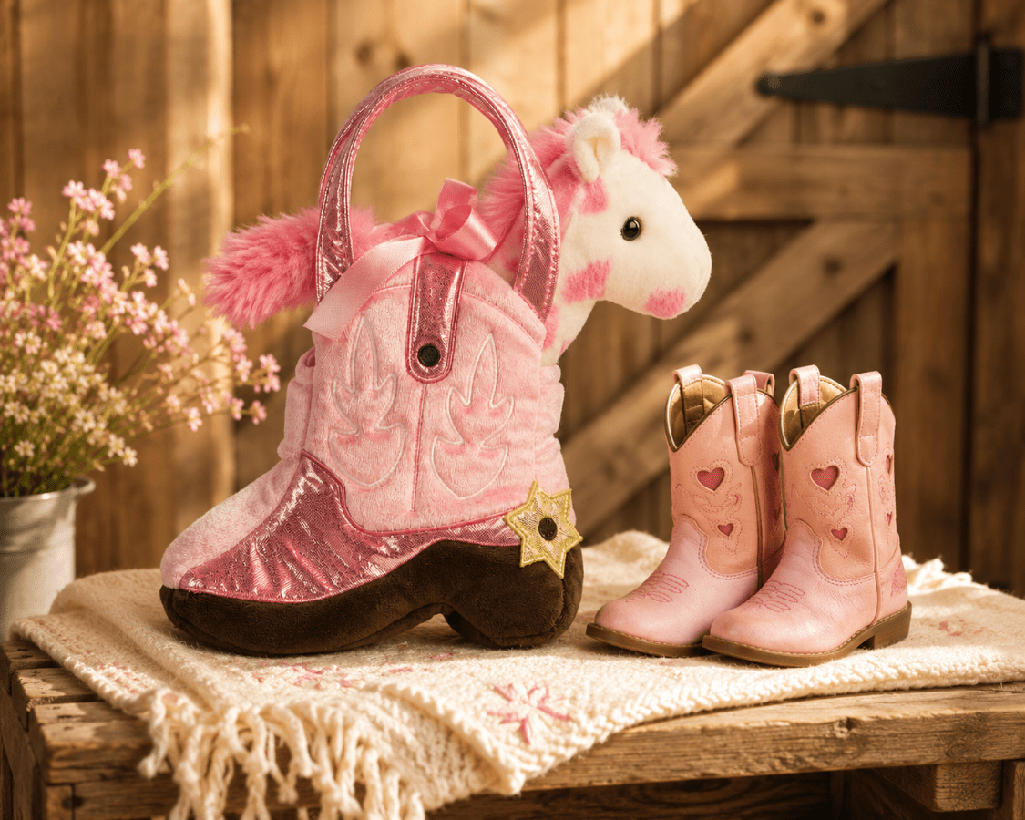 A pink plush toy cowboy boot with a handle, bow, and star detail sits on a rustic wooden table next to a pair of small pink cowboy boots, with flowers and a wooden barn background.