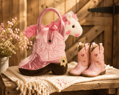 A pink plush toy cowboy boot with a handle, bow, and star detail sits on a rustic wooden table next to a pair of small pink cowboy boots, with flowers and a wooden barn background.
