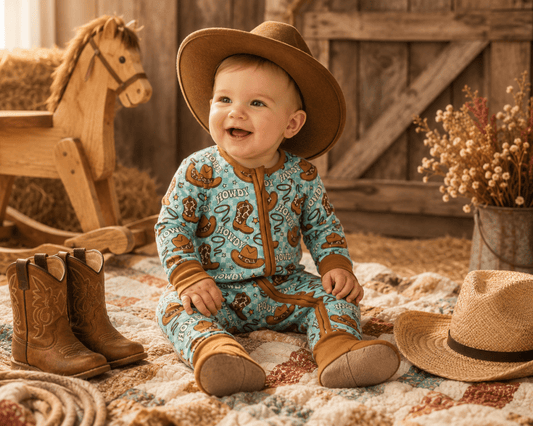 A baby wearing a light blue and brown cowboy print one-piece outfit, a brown hat, and tan boots, sitting on a patterned blanket in a rustic barn-themed setting with a rocking horse, cowboy boots, and dried flowers.