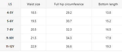 Size chart for western kids cowboy beach shorts