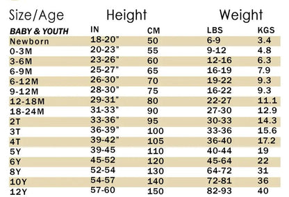Size chart for giddyup western pajama set