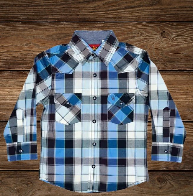 Toddler western shirt with blue plaid print laid flat
