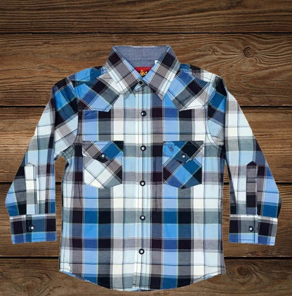 Toddler western shirt with blue plaid print laid flat