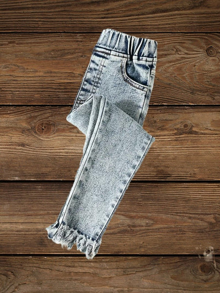 Trailblazer Tassels: Frontier Chic Light Wash Western Elastic Jeans for Little Outlaws!