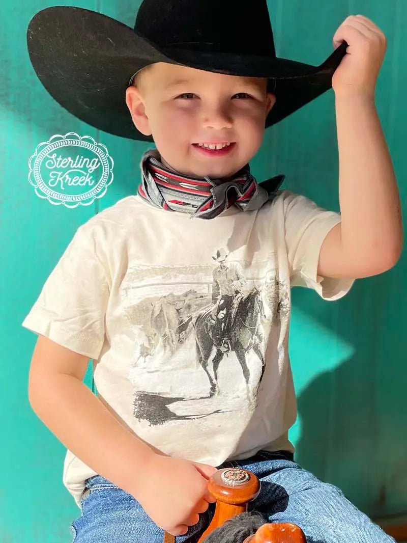 Bozeman Wild Rag - Versatile Western Accessory for Kids, Boy wearing red and black Bozeman wild rag scarf