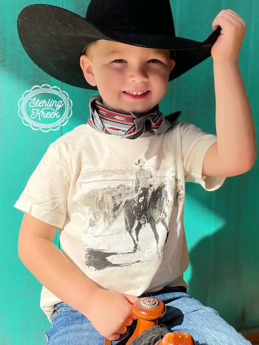 Bozeman Wild Rag - Versatile Western Accessory for Kids, Boy wearing red and black Bozeman wild rag scarf
