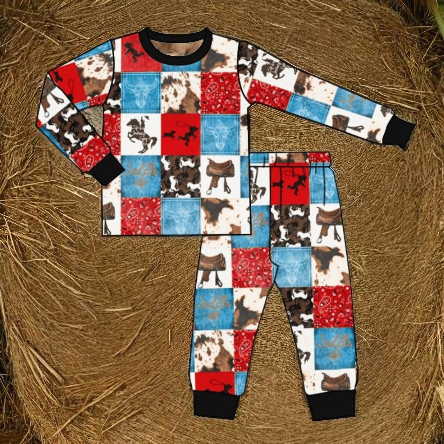 Little Bronco Dreamer Western Horse Pajama Set for boys featuring colorful cowboy-themed print, soft and cozy kids pajama set on hay background