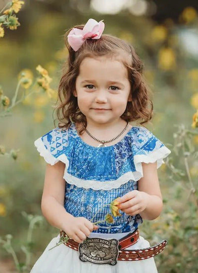 Little Denim Darling: Stylish Kids' Lace Top - Denim Print Children's Shirt