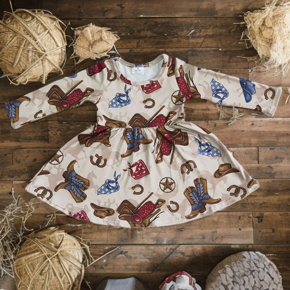 Little girl western dress with cowboy boots and hats print, perfect for little adventures dress up and cowgirl twirls