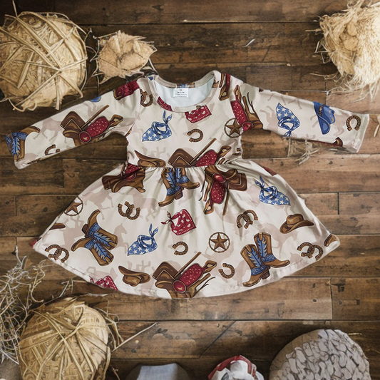 Little girl western dress with cowboy boots and hats print, perfect for little adventures dress up and cowgirl twirls